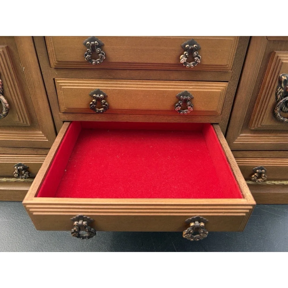 Vintage Wooden Jewelry Armoire Cabinet Lion Head Doors Red Felt Lined 13 Drawer